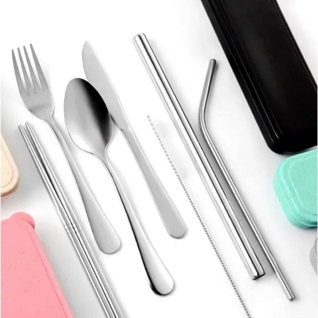 HUPSTL882 7 Piece Reusable Utensil Set With Straw And Travel Case