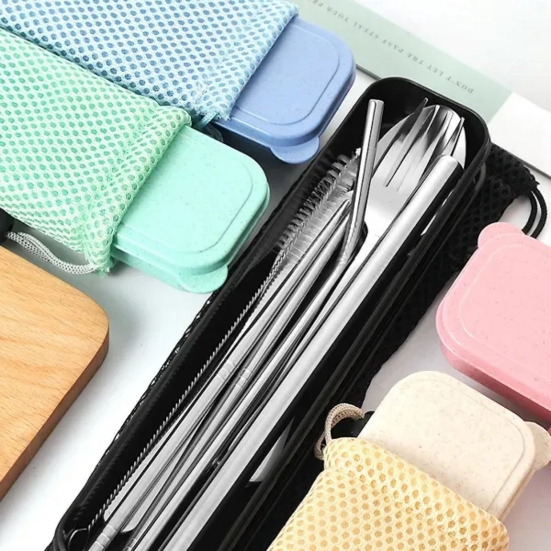 HUPSTL882 7 Piece Reusable Utensil Set With Straw And Travel Case