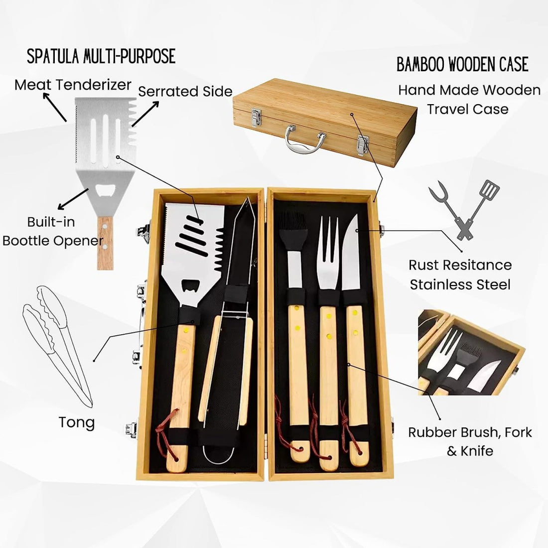 HUPSTL889 3-Piece BBQ Set in Wooden Pine Box