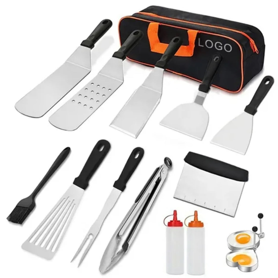 HUPSTL910 14 Piece Stainless Steel BBQ Griddle Tool Set with Carry Bag