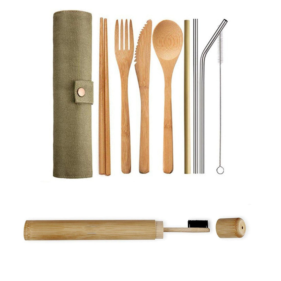 HUPSTL929 3 Piece Bamboo Utensil Set In Travel Pouch