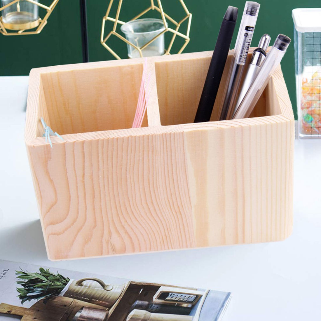 SUPSBY09 Wood Pen Pencil Holder Cup with 2 Compartments for Desktop Storage, Multipurpose Store TV Remote, Office Supplies