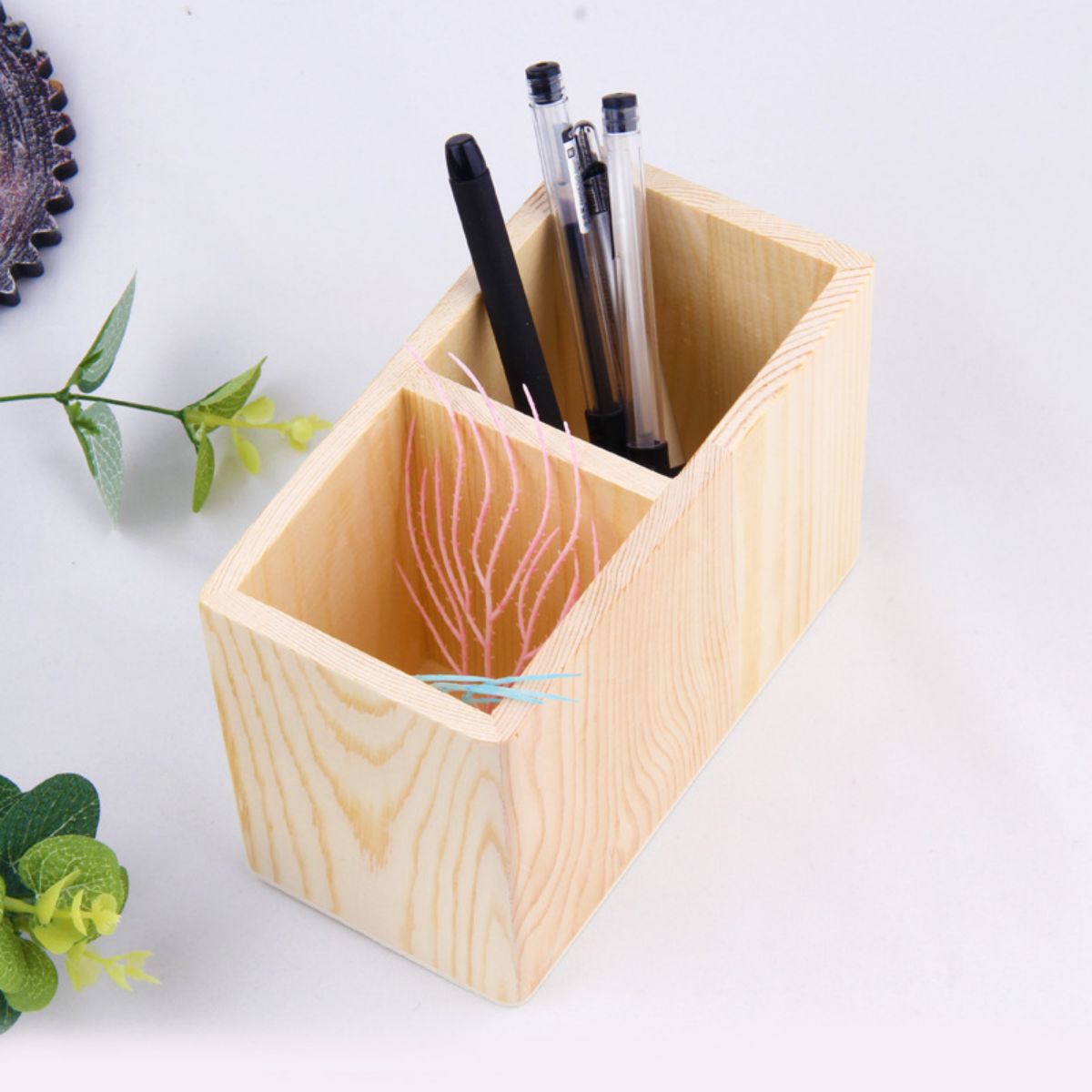 SUPSBY09 Wood Pen Pencil Holder Cup with 2 Compartments for Desktop Storage, Multipurpose Store TV Remote, Office Supplies