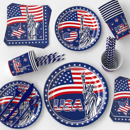 SUPSCW16 4th of July Party, 133pcs American Flag Independence Day Tableware Set, Patriotic Paper Plates and Napkins,Tablecloths,Cups, Knife, fork, spoon, Flatware Set for Patriotic Party Supplies, Serve 20